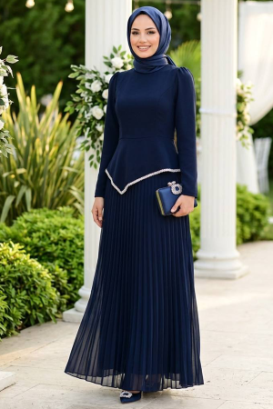Modest Evening Dress - Pleated Navy Blue Modest Evening Dress 47701L - 