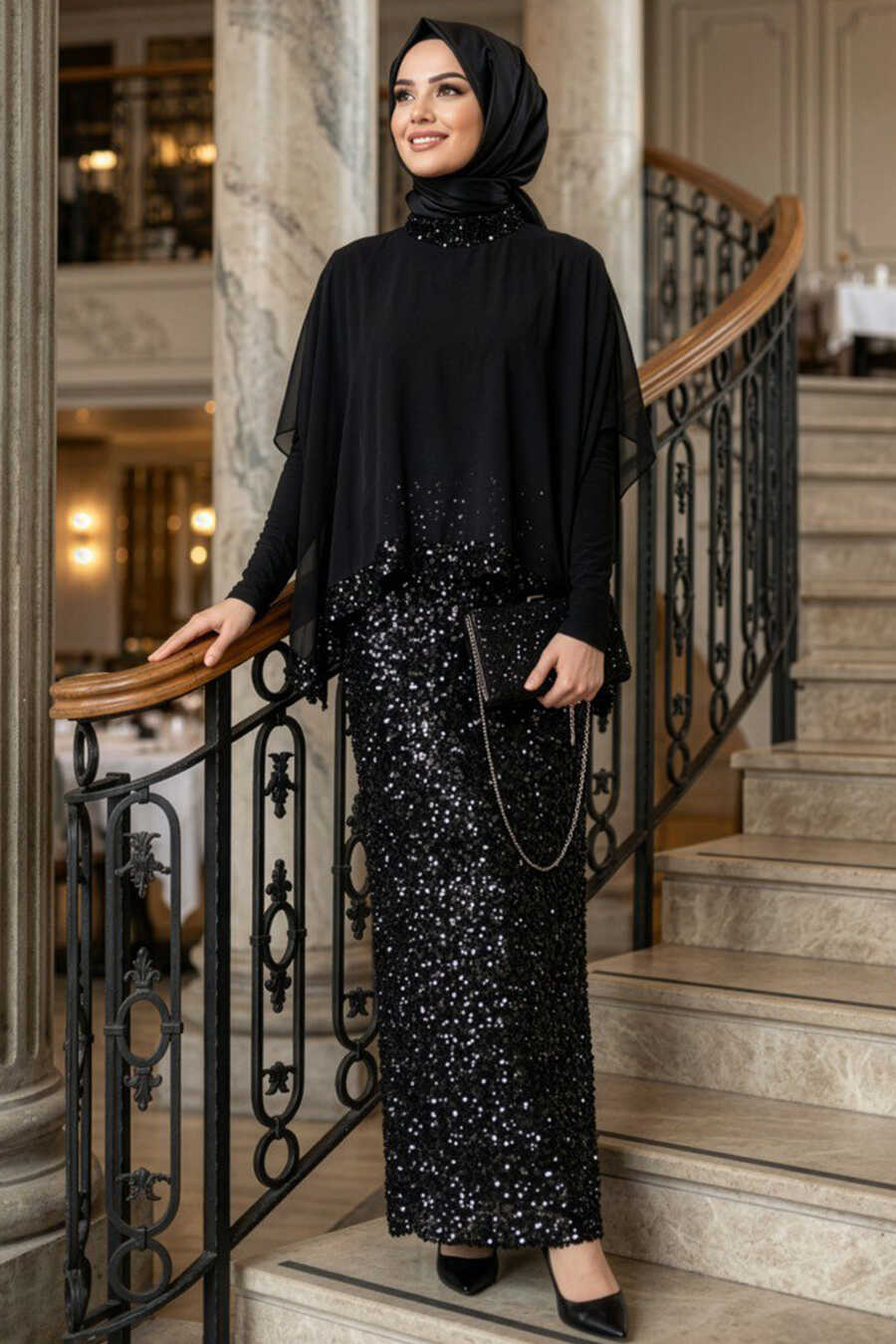 latest evening dresses Black Peach Pearls A-Line Evening Dresses 2025 Latest Design Long Black / 2 main image 0
