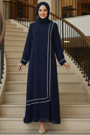 Modest Evening Dress - Stripe Detailed Navy Blue Modest Evening Dress 4874L - 2