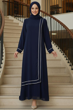 Modest Evening Dress - Stripe Detailed Navy Blue Modest Evening Dress 4874L - 1