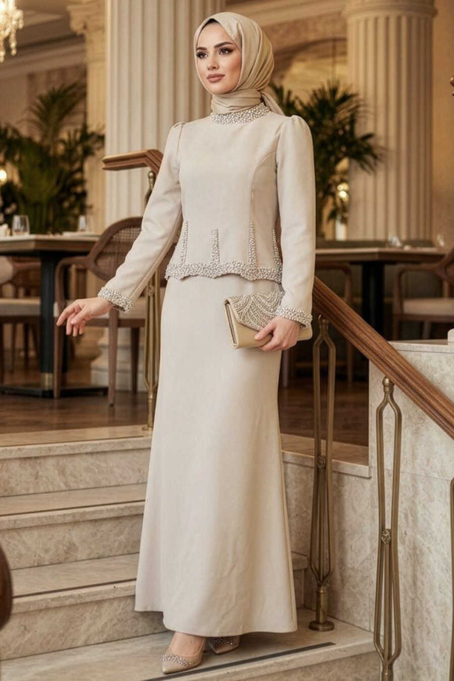 Modest Evening Dress - Stone Bead Embroidered Beige Modest Evening Dress 4861BEJ - Neva-style.com Modest Evening Dress - Stone Bead Embroidered Beige Modest Evening Dress 4861BEJ - Neva-style.com
