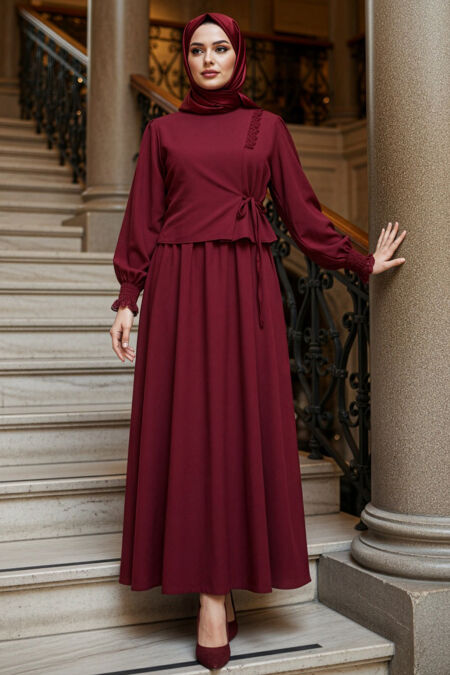 Tie Detail Burgundy Modest Dress 20324BR - 