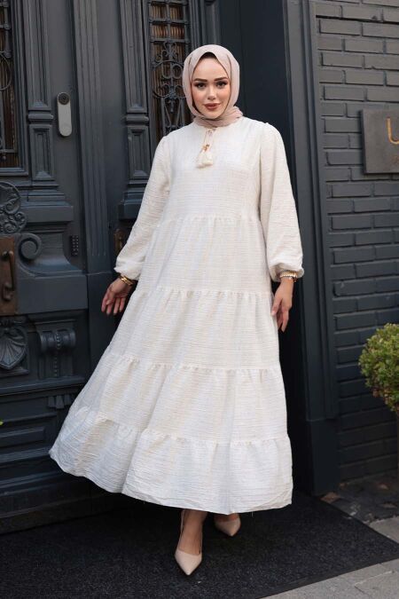 Tiered Pleated Cream Modest Dress 19046KR - NEVA STYLE