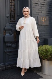 Tiered Pleated Cream Modest Dress 19046KR - 3
