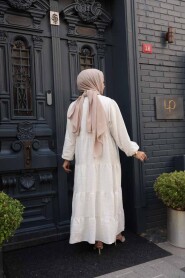 Tiered Pleated Cream Modest Dress 19046KR - 4