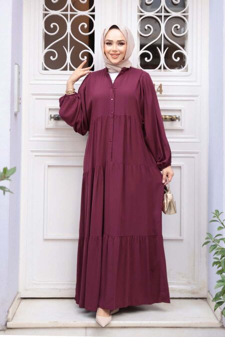 Tiered Pleated Damson Modest Dress 20612MU - NEVA STYLE