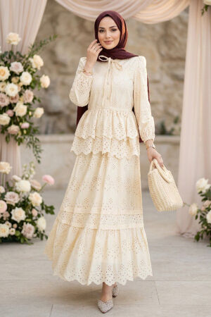 Tiered Ruffle Detail Broderie Beige Modest Set 50272BEJ - 