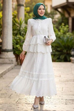 Tiered Ruffle Detail Broderie White Modest Set 50272B - 