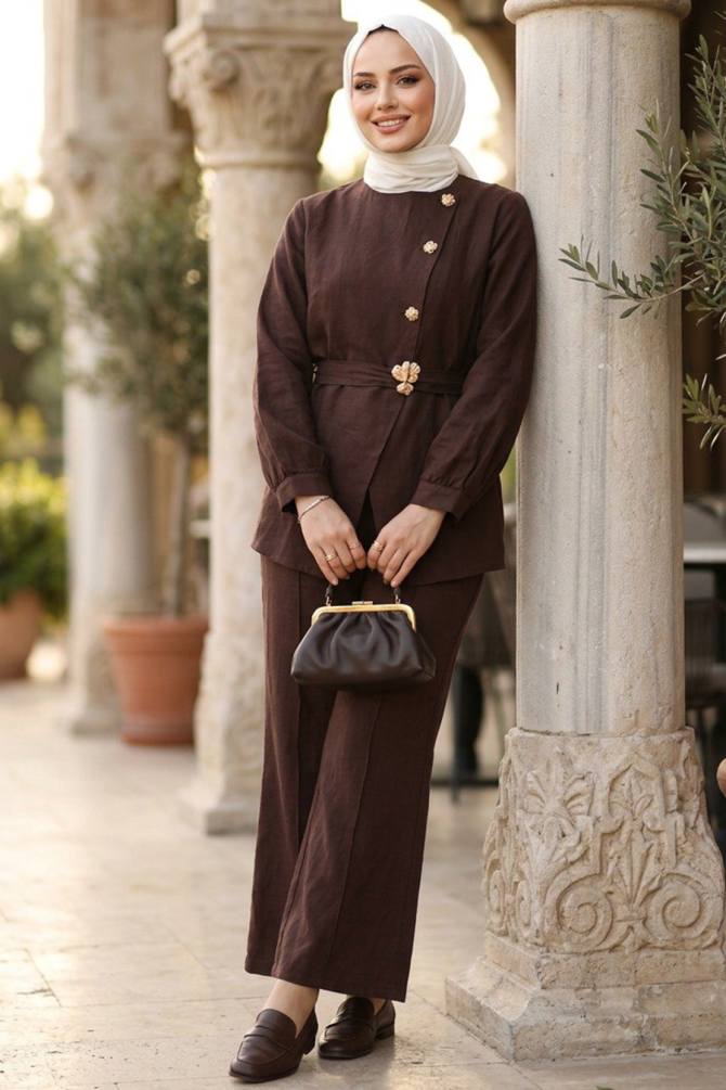 Buckle Belted Brown Modest Two-Piece Set 82413KH - 