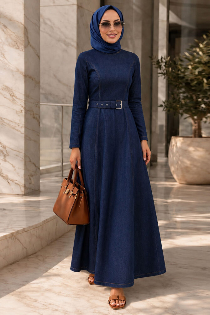 Buckle Belted Navy Blue Modest Denim Dress 6283L - 