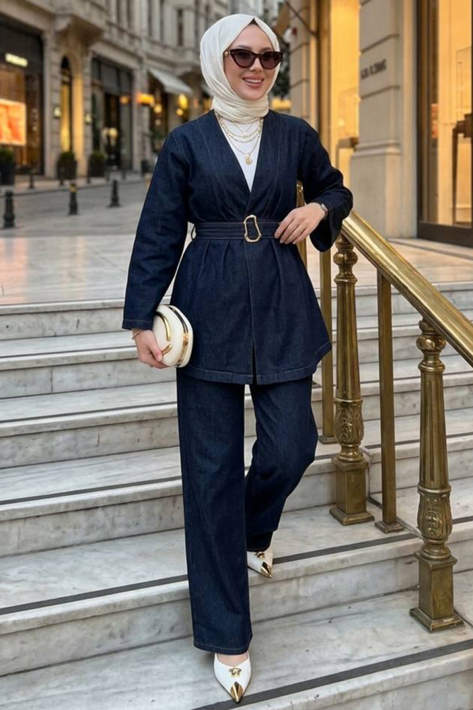 Buckle Belted Navy Blue Modest Denim Two-Piece Set 20136L - 
