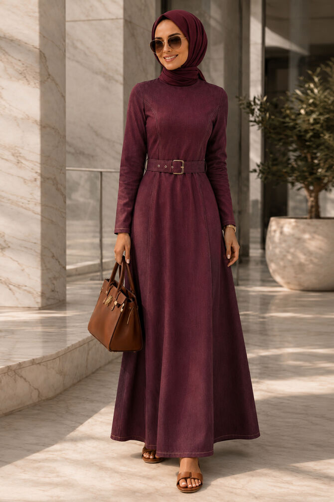 Buckle Belted Plum Modest Denim Dress 6283MU - 