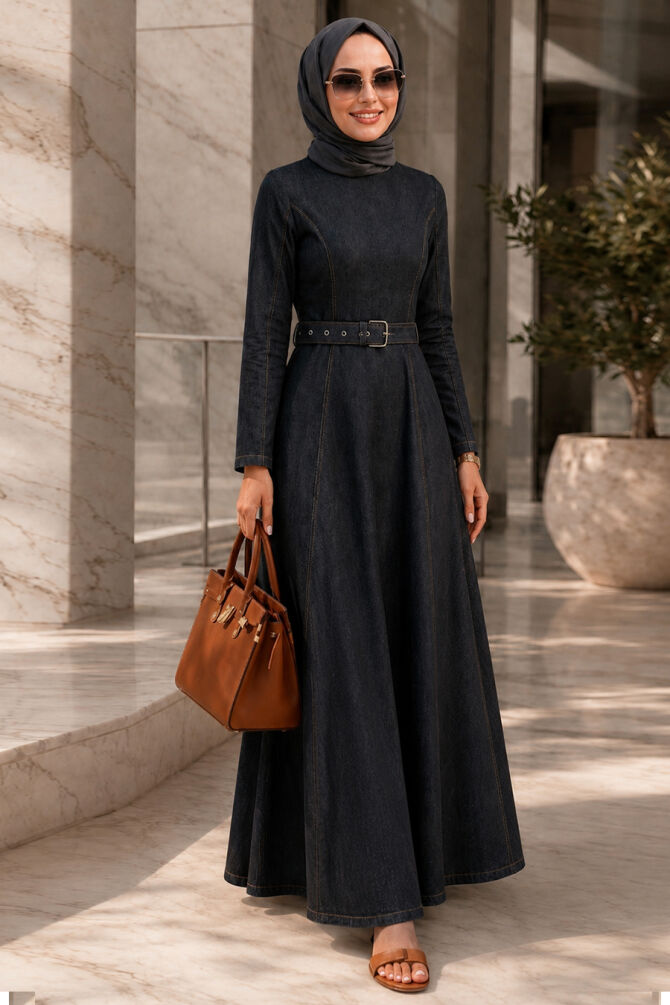 Buckle Belted Black Modest Denim Dress 6283S - 