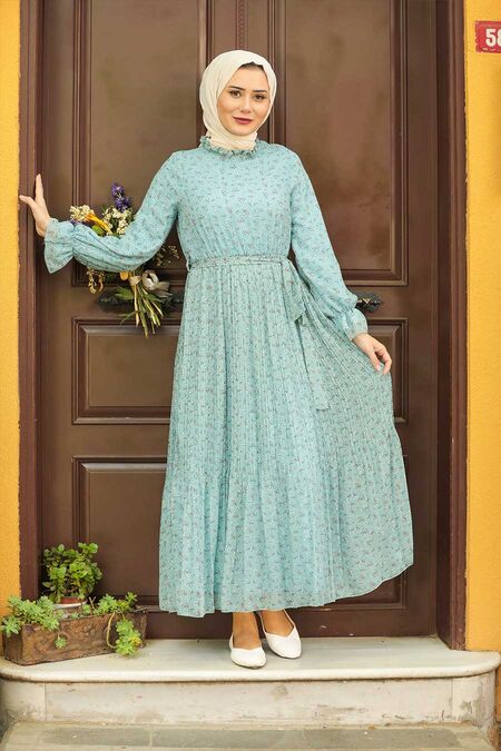 Turquoise Hijab Dress 1477TR - NEVA STYLE