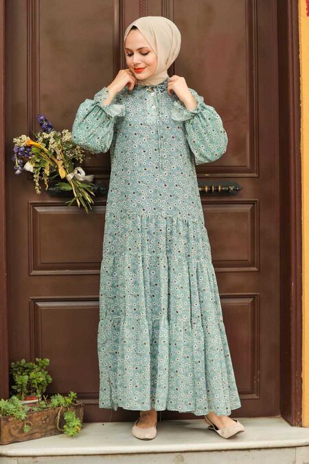 Turquoise Hijab Dress 1482TR - NEVA STYLE