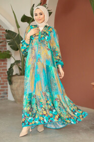 Turquoise Modest Floral Long Dress 18235TR - 1
