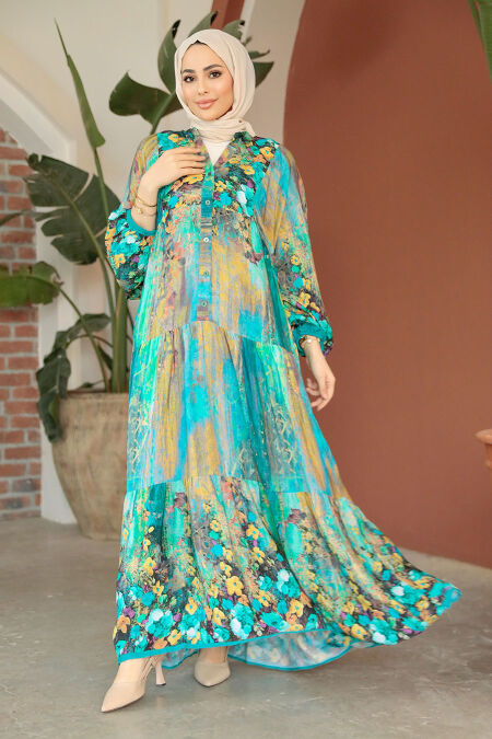 Turquoise Modest Floral Long Dress 18235TR - NEVA STYLE