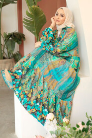 Turquoise Modest Floral Long Dress 18235TR - 2