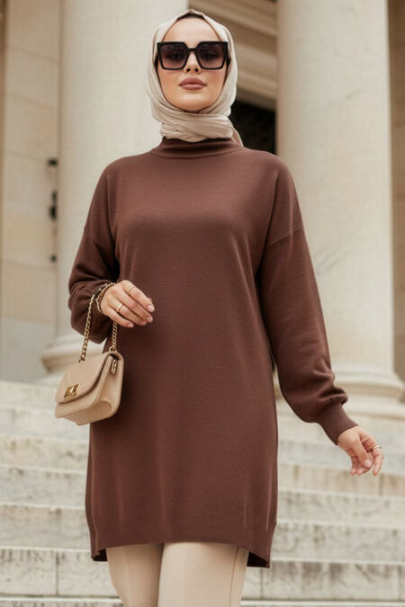 Turtleneck Brown Modest Knit Sweater 10381KH - 
