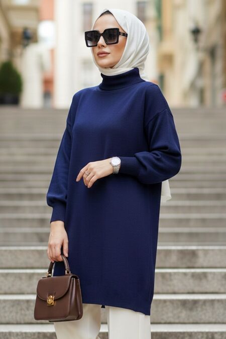 Turtleneck Navy Blue Modest Knit Sweater 10381L - 