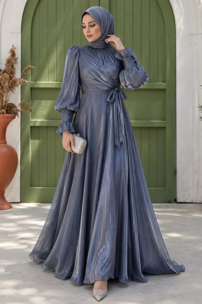 Waist Draped Tie Detail Gray Modest Evening Dress 5668GR - 