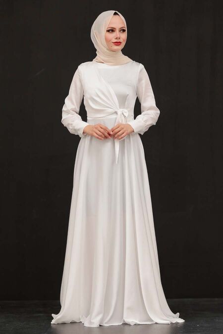  White Turkish Hijab Evening Gown 1420B - NEVA STYLE