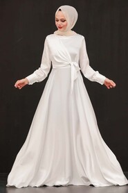  White Turkish Hijab Evening Gown 1420B - 2