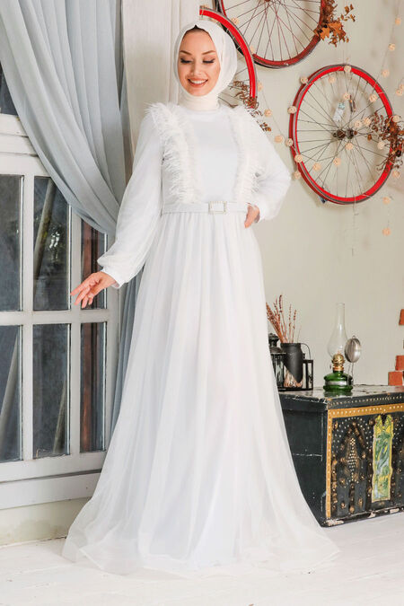 White Hijab Evening Dress 34801B - NEVA STYLE
