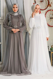 White Hijab Evening Dress 34801B - 4