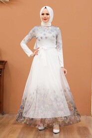  White Turkish Hijab Long Sleeve Dress 50171B - 2