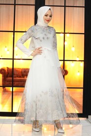 White Turkish Hijab Long Sleeve Dress 50171B - 1