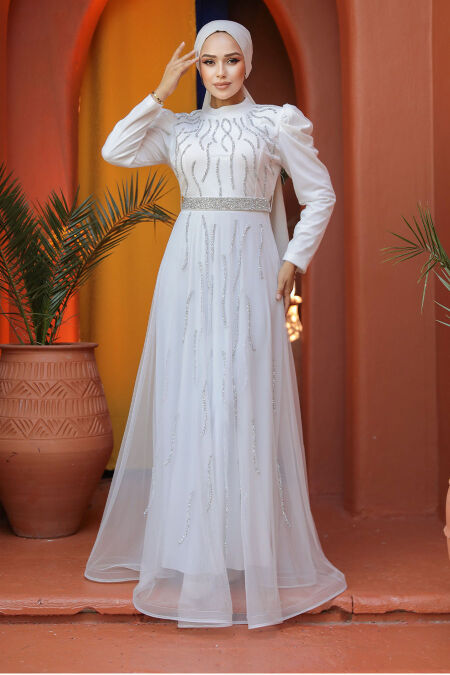 White Modest Bridesmaid Dress 51912B - NEVA STYLE