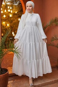 White Modest Pastel Dress 14112B - Thumbnail