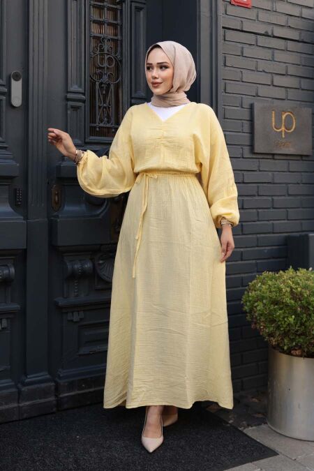 Yellow Muslin Modest Dress 19033SR - NEVA STYLE