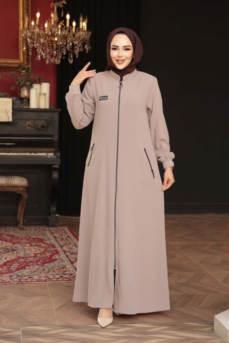 Zippered Beige Modest Abaya 26371BEJ - NEVA STYLE