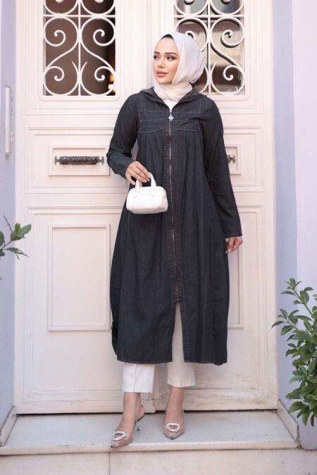 Zippered Black Denim Modest Coat 7103S - NEVA STYLE