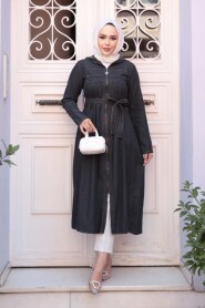 Zippered Black Denim Modest Coat 7103S - 2