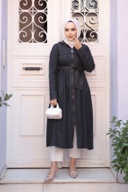 Zippered Black Denim Modest Coat 7103S - 3