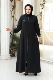 Zippered Black Modest Abaya 26371S - 1