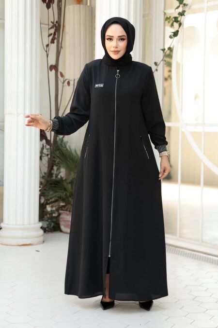 Zippered Black Modest Abaya 26371S - NEVA STYLE