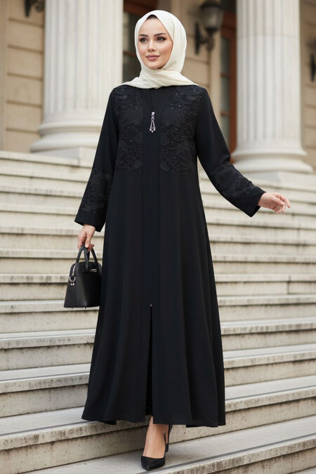 Zippered Black Modest Abaya 29139S - 