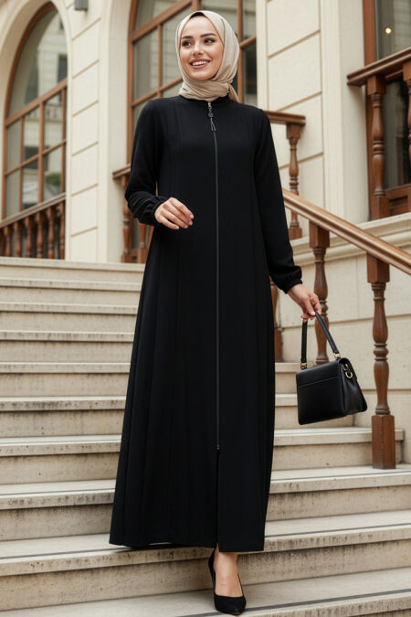 Zippered Black Modest Abaya 45319S - 