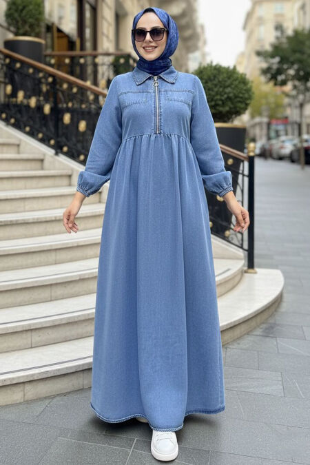 Zippered Blue Modest Denim Dress 19176M - 