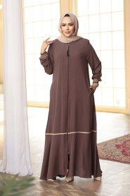 Zippered Brown Modest Abaya 26212KH - 2