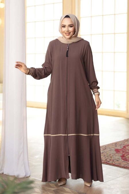 Zippered Brown Modest Abaya 26212KH - NEVA STYLE