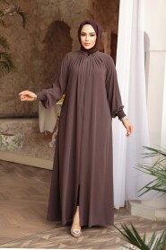 Zippered Brown Modest Abaya 45293KH - 1