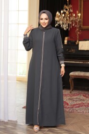 Zippered Charcoal Modest Abaya 26381FU - 2