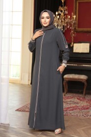 Zippered Charcoal Modest Abaya 26381FU - 3