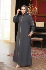 Zippered Charcoal Modest Abaya 26381FU - 1
