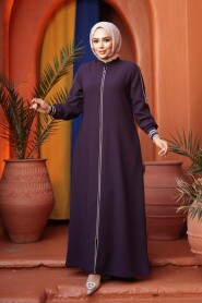 Zippered Damson Modest Abaya 26381MU - 1